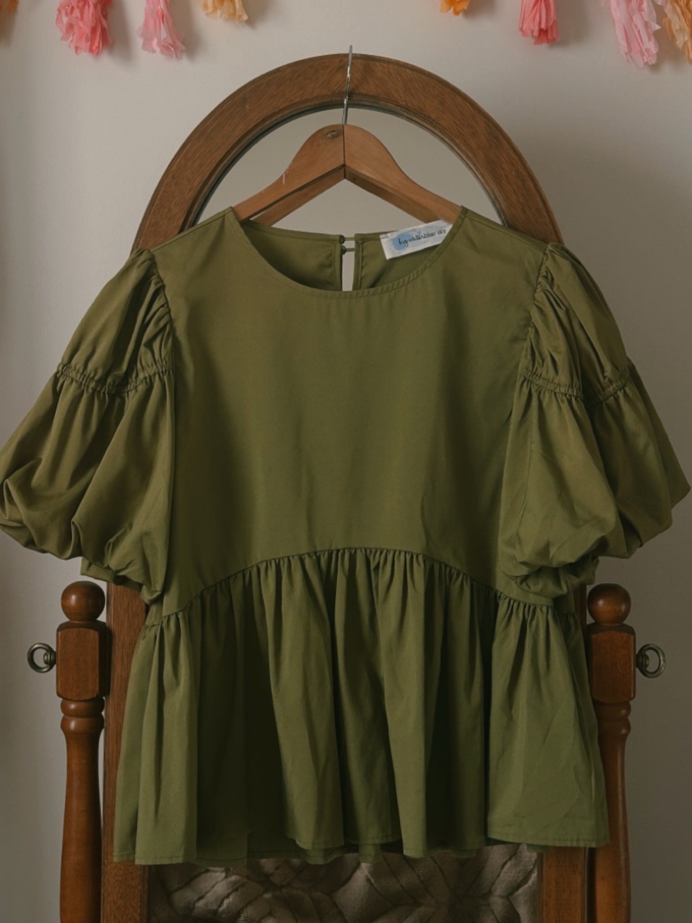 fab'rik Olive Green Puff Sleeve Peplum Top